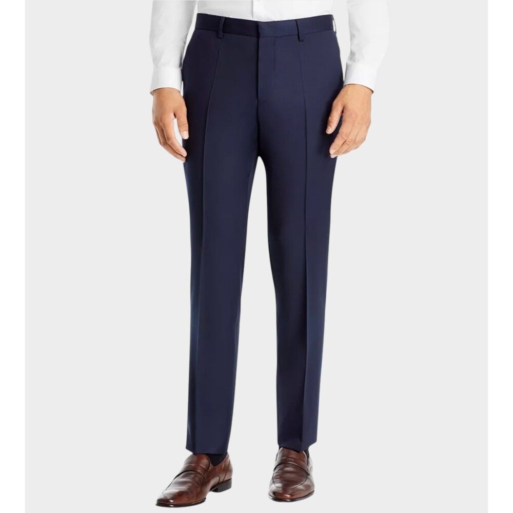 $198 HUGO BOSS Super Flex Stretch Wool Blend Flat Front Dress Pants 38wX32L Navy